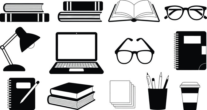 Black and White Office Study Icons Set