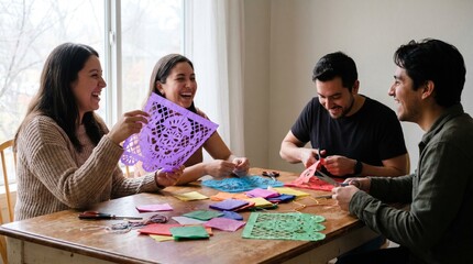 Fototapeta premium Family and friends making colorful paper cutouts together at a table