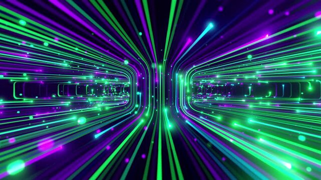 A captivating seamless 4k VJ loop featuring an infinite geometric space with symmetrical neon lines in turquoise and lilac colors for VJ sets, high-tech club visuals,  electronic music festivals