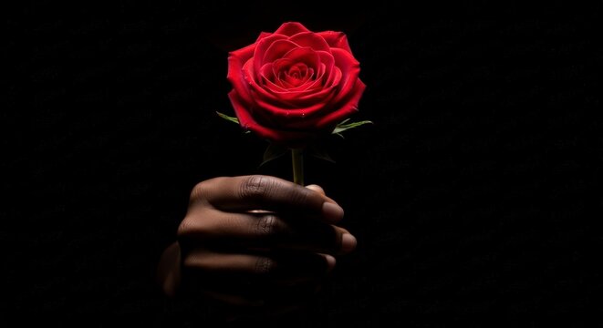 Hand holding single red rose flower.