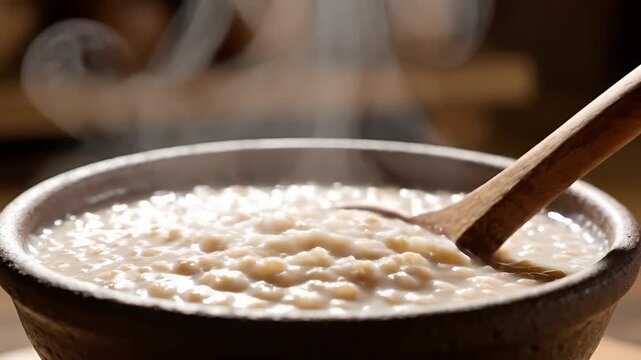 Closeup of hot steaming rice porridge being scooped with a wooden spoon.