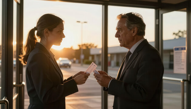 A woman in a suit hands a card to a man in a suit. The man and woman engage in a serious conversation during sunset at an open building entrance.