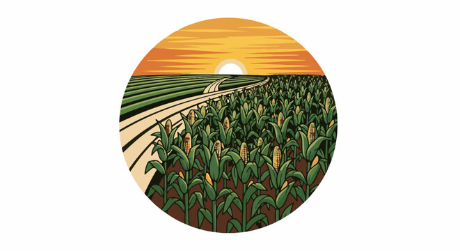 Rural sunset over a vast cornfield with a dirt road winding through