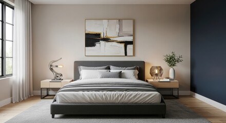 Fototapeta premium Elegant bedroom interior with neutral tones and modern art featuring a comfortable bed and stylish decor