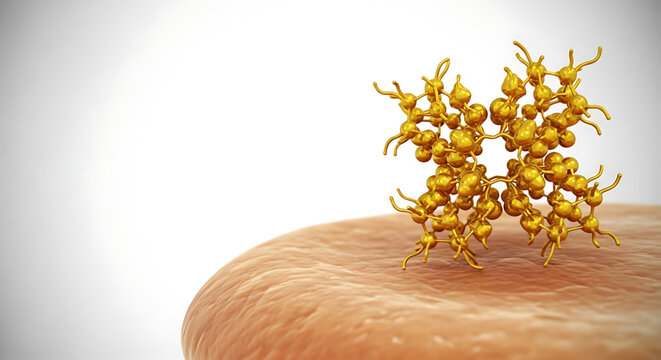 A detailed illustration of a virus particle on a skin surface, showcasing its intricate structure and design.