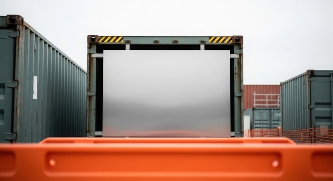 Shipping container with blank sign in front of industrial background, showcasing potential for advertising.