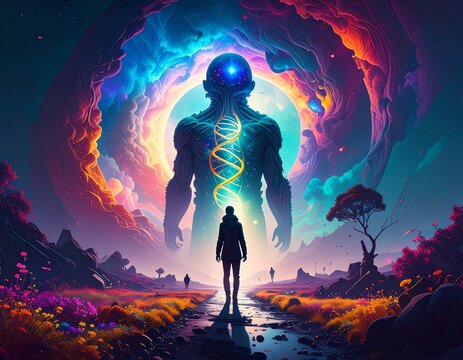 Alien DNA Nexus: A science fiction image of an extraterrestrial being within a colorful, other-worldly universe, surrounded by an altered DNA nexus.
