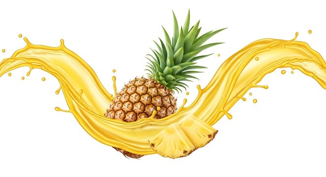 Fresh pineapple splashing into yellow juice, tropical fruit explosion, healthy drink concept