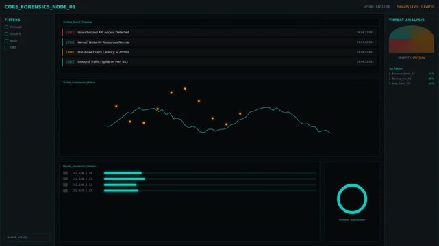 A dark-themed digital dashboard displaying various analytics and data visualizations