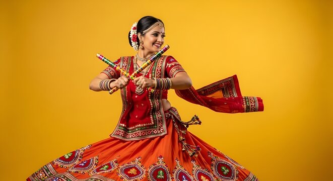 Indian Woman Dancing Garba with Dandiya Sticks, Navratri Festival Celebration