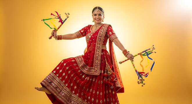 Indian Woman Dancing in Traditional Red Outfit with Garba Sticks