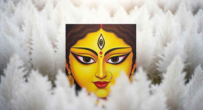 Goddess Durga Face Close-up Surrounded by White Kash Phool Flowers, Durga Puja Celebration