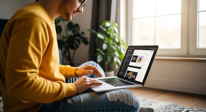 Man working on laptop at home, casual remote work, modern lifestyle, comfortable setting