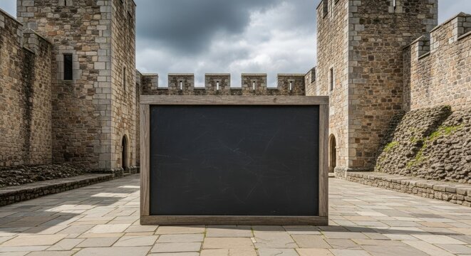 Blank sign banner in historic stone castle courtyard with cloudy sky and stone walls. Sign banner stands prominently in central area of courtyard emphasizing architectural features.