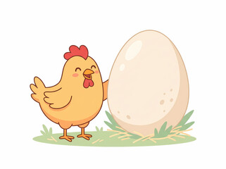 Fototapeta premium Cute cartoon chicken standing happily next to a large egg in the grass.