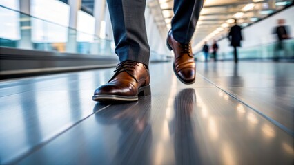 Fototapeta premium Business travel and global mobility transportation concept. Stylish shoes walking through a modern, busy airport terminal.