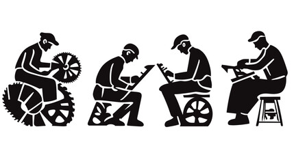 Obraz premium A black and white illustration of four silhouetted figures engaged in mechanical work