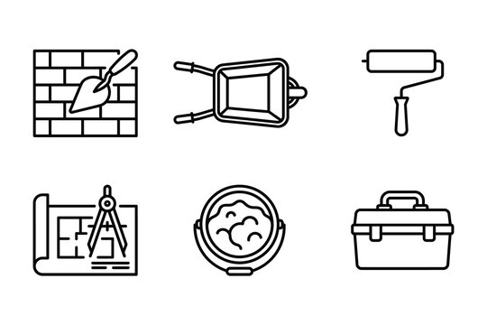 Masonry and renovation construction line icons for building projects with paint roller construction renovation brickwork