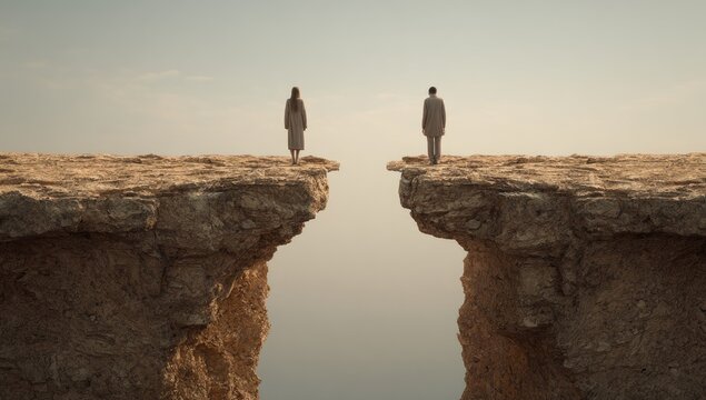 Two figures stand on opposing cliffs, gazing across a chasm under a pale sky