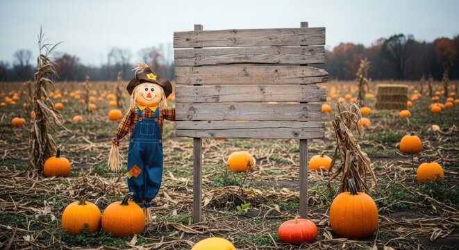 Scarecrow in pumpkin patch beside empty wooden sign with pumpkins and corn plants in autumn field.
