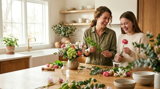 Mother and teenage daughter laughing while preparing flowers together in kitchen