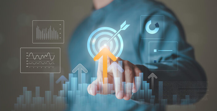 Financial success, goal, data driven decision making, performance improvement, revenue growth, strategic business planning. Business growth analytics concept, increasing bar chart and upward arrow