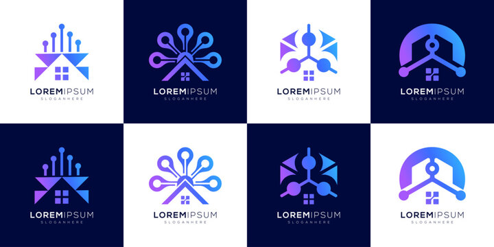Collections of House Tech with Circuit Line Connectivity Logo Design Inspirations. Modern Real Estate Tech featuring Digital Data House Elements.