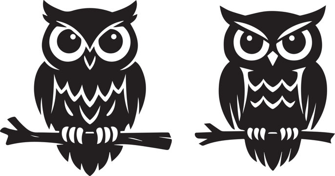 Two black and white owl illustrations perched on branches Vector
