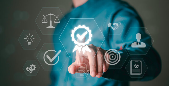 Compliance control, certification process, performance validation, audit workflow, corporate governance system. Business quality assurance and approval concept with hand selecting verified badge icon