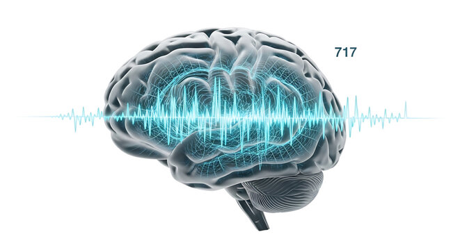 A digital illustration of a human brain with a blue sound wave emanating from it