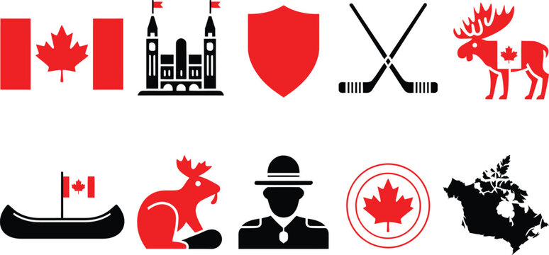 Canada day icon set with maple leaf flag moose beaver royal canadian mounted police and hockey sticks.