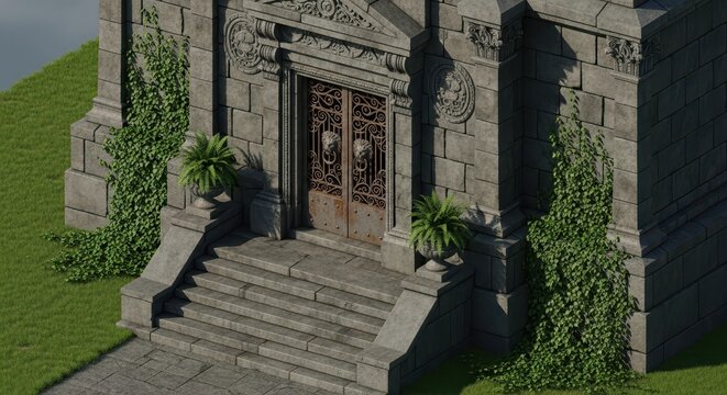 Detailed stone entrance of a classical building features ornamental metal doors and creeping ivy plants.