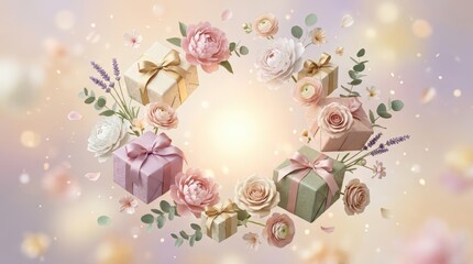 Naklejka premium Refined composition of flowers and gift boxes floating gently