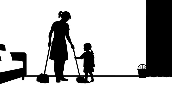 Family cleaning silhouette mother child home concept