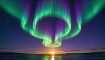 Fototapeta premium the northern lights, with vibrant green and purple colors illuminating the night sky. The aurora reflects beautifully over the calm water, creating a serene atmosphere.