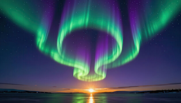 the northern lights, with vibrant green and purple colors illuminating the night sky. The aurora reflects beautifully over the calm water, creating a serene atmosphere.