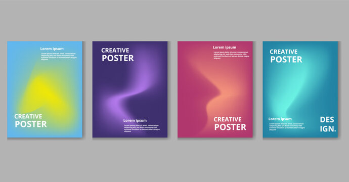 Four colorful creative poster templates arranged horizontally on a gray background with vibrant gradient designs and sample text