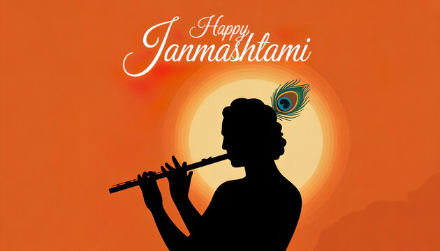 Happy Janmashtami Greeting with Lord Krishna Silhouette Playing Flute on Orange Background