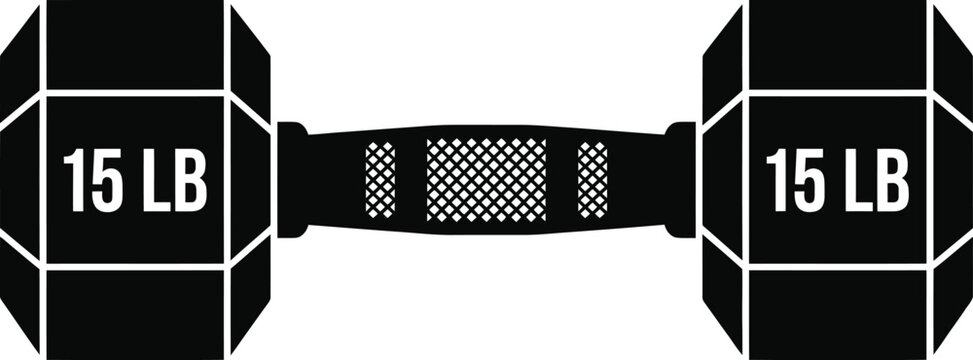 Black vector illustration of a fifteen pound dumbbell weight for fitness and exercise workouts