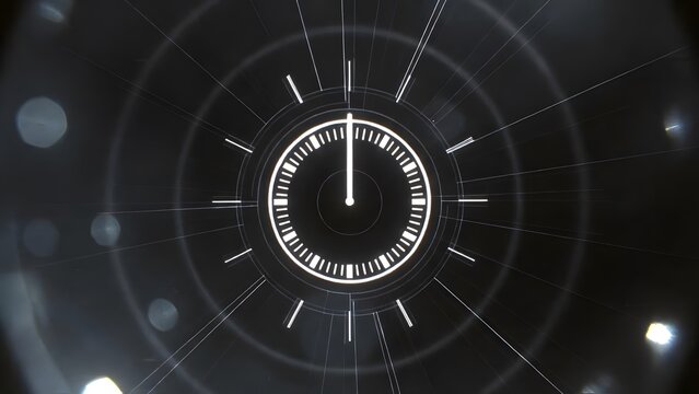 Sci-fi clock interface with radiating lines and light.
