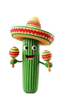 Fun cactus character with a sombrero plaing maracas  isolated on white background, Cinco de Mayo mexican party celebration, HD video loopable seamless loop