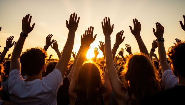 A crowd of people raise their hands in the air during a sunset. The people in the crowd seem engaged and energized as the sun sets behind them.