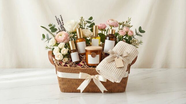 Vertical premium gift hamper filled with skincare bottles and candle