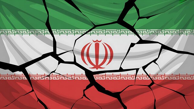 Cracked Iranian flag, broken Iran symbol, damaged national banner, shattered Middle Eastern country emblem