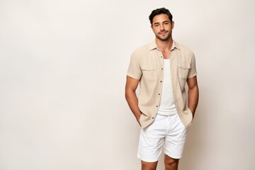 Fototapeta premium Young Man Stands With Hands in Pockets, Wearing Light Shirt and Shorts Against Plain Background