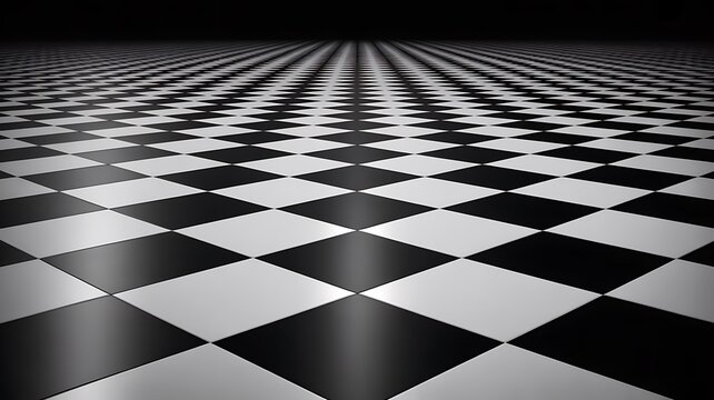 Black and white checkered floor, geometric pattern background, optical illusion, perspective design