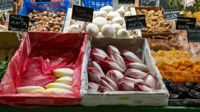 many red endive and belgian endive on the bucket of market in avignon, france