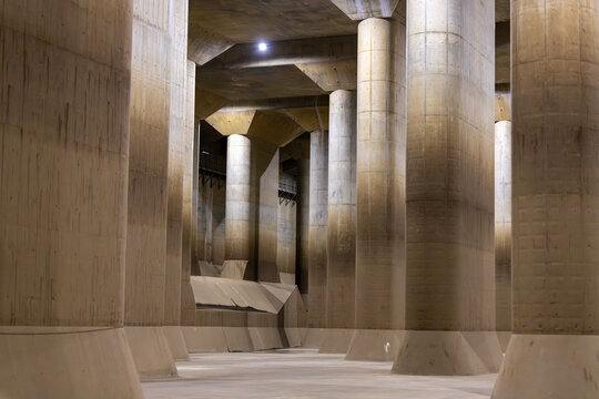 world's largest underground flood water diversion facility in Metropolitan Area Outer Underground Discharge Channel also known as G-Cans Project in Saitama prefecture, japan near tokyo