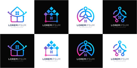 Fototapeta premium Collections of Smart Home Tech Logo Design Inspirations. Modern Circuit Software Connection Node and System Integration Network Elements. Geometric abstract vector icon symbol gradient.