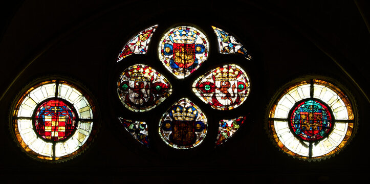 Stained glass windows of Holy Primate Cathedral Church of Saint Mary, Toledo, Castilla-La Mancha, Spain.